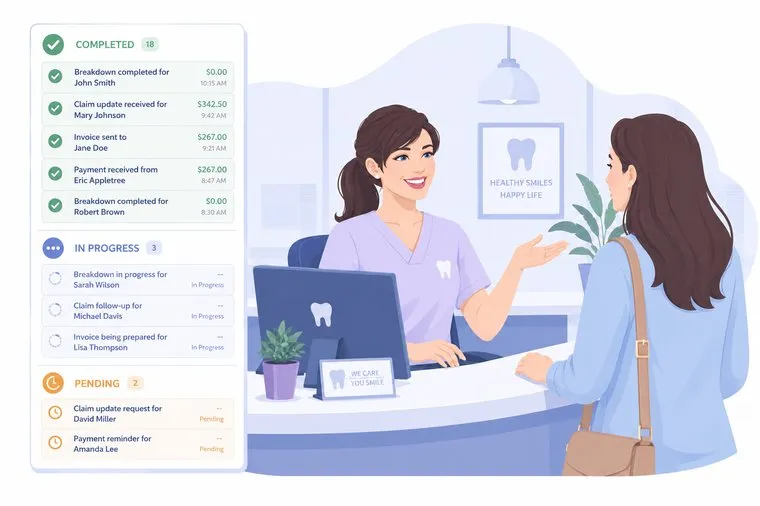 Illustration of a dental office team member working through a list of completed insurance tasks