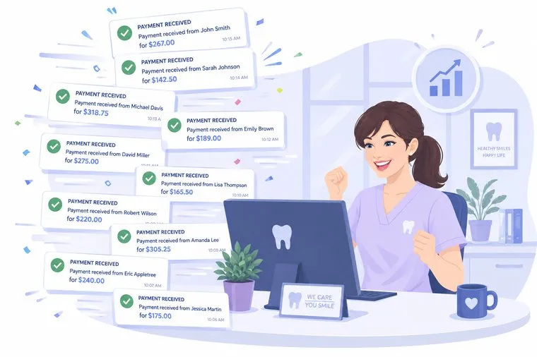 Illustration of a front-desk team member at a computer as patient payment notifications come in